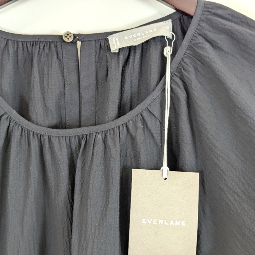NWT Everlane Seersucker Puff Sleeve Mini Dress Black Size Medium - Picture 5 of 16